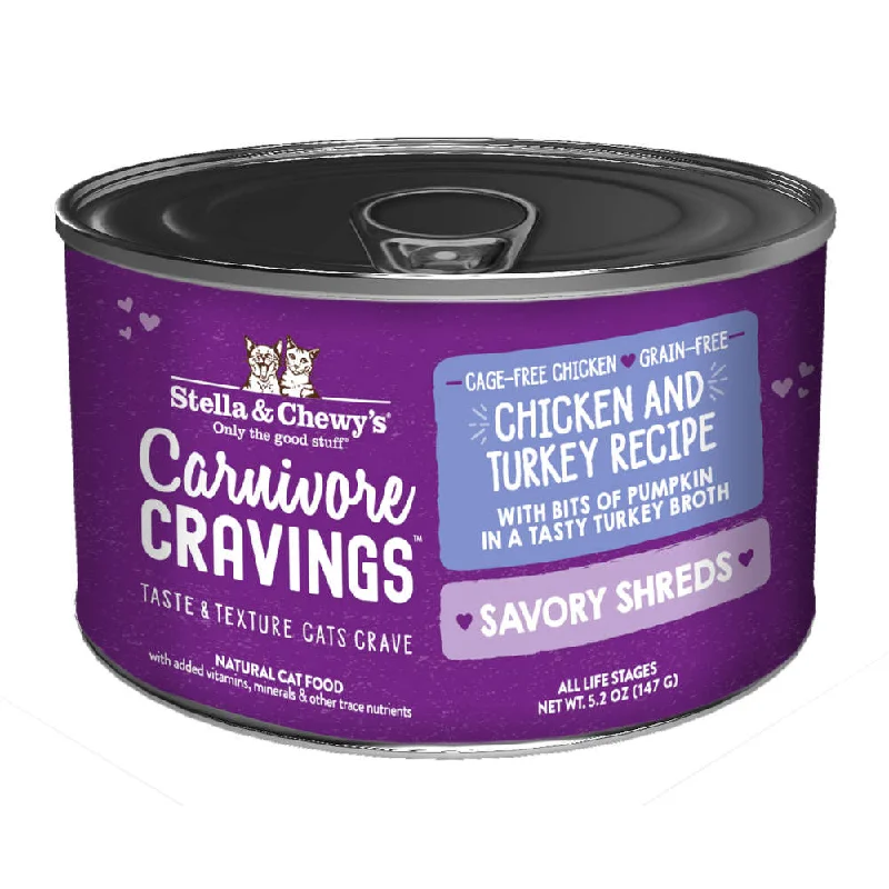 ultra-durable chew toy-3 FOR $14.40: Stella & Chewy's Carnivore Cravings Savory Shreds Chicken & Turkey in Broth Grain-Free Canned Cat Food 5.2oz