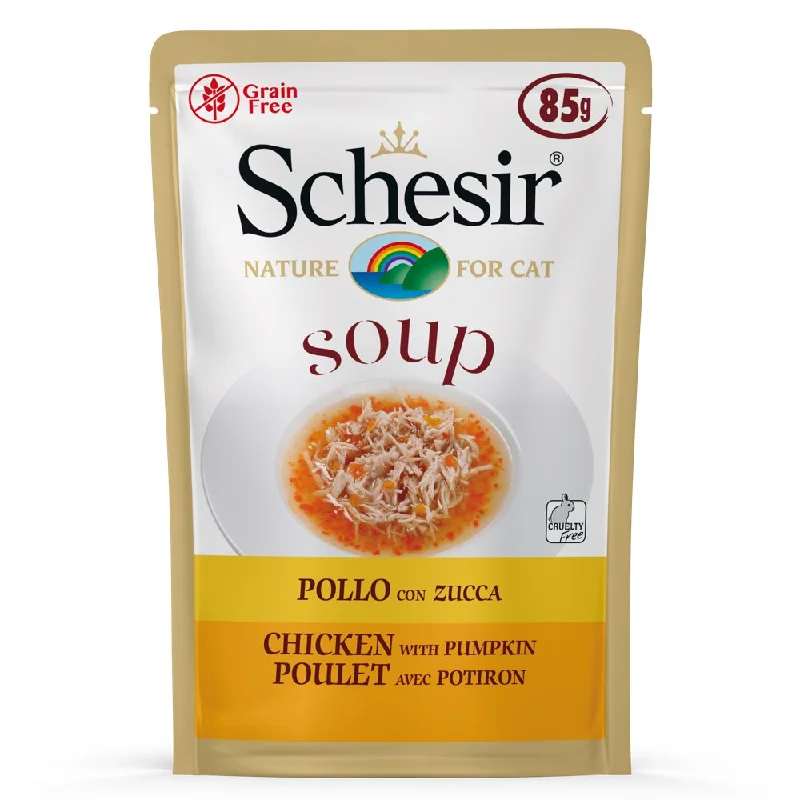 indestructible puppy chew toy-Schesir Soup With Chicken & Pumpkin Grain-Free Pouch Cat Food 85g x 12