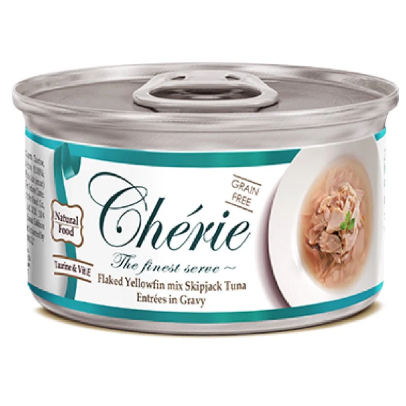 pet nail grinder-Cherie Flaked Yellowfin Mix Skipjack Tuna Entrées In Gravy Canned Cat Food 80g