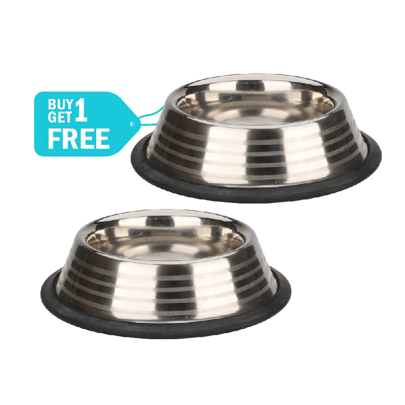 pet dental care kit-Skatrs Anti Skid Stainless Steel Striped Bowl for Dogs and Cats (Buy 1 Get 1)