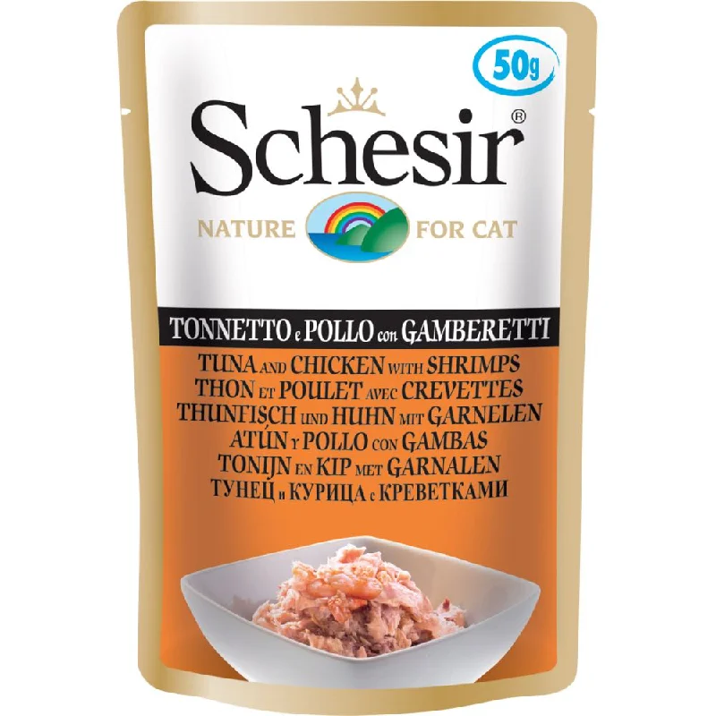 pet first aid kit-Schesir Tuna, Chicken With Shrimps Adult Pouch Cat Food 50g x 12