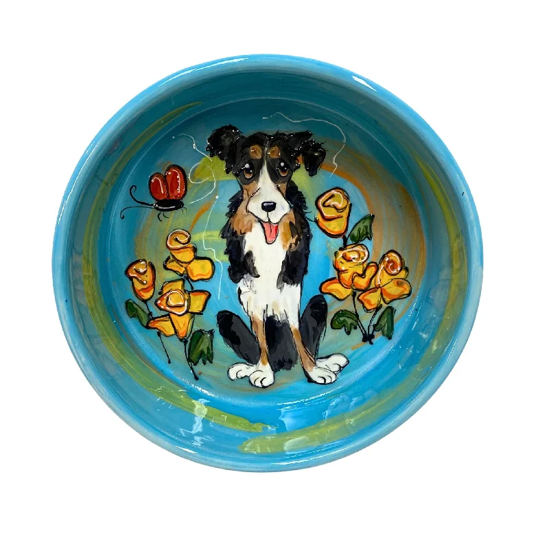 indestructible puppy chew toy-"Blossom Buddy" Hand-Painted Border Collie Bowl