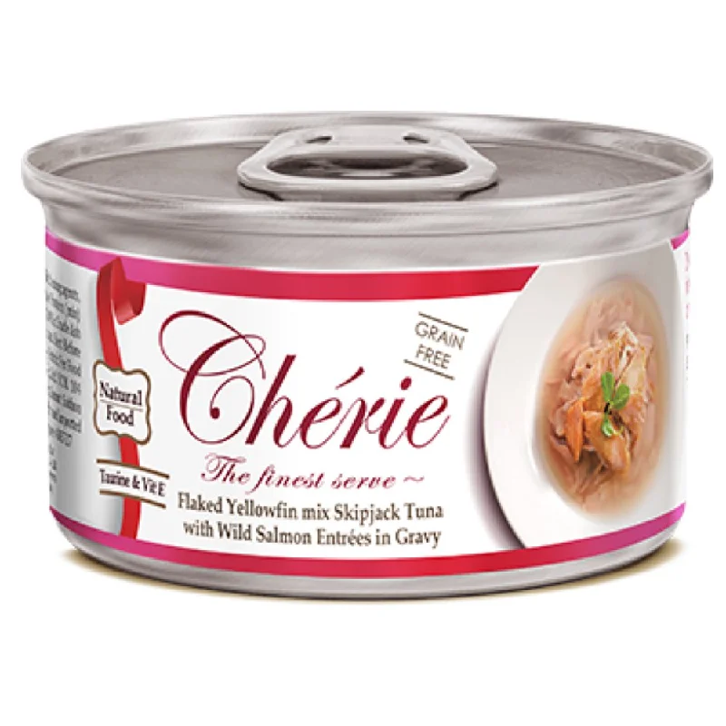 small breed dog carrier-Cherie Flaked Yellowfin Mix Skipjack Tuna With Wild Salmon Entrées In Gravy Canned Cat Food 80g