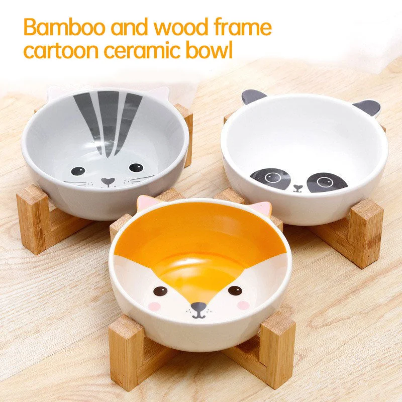 dog training clicker-Double Ear Ceramic Cat Bowls with Bamboo Frame