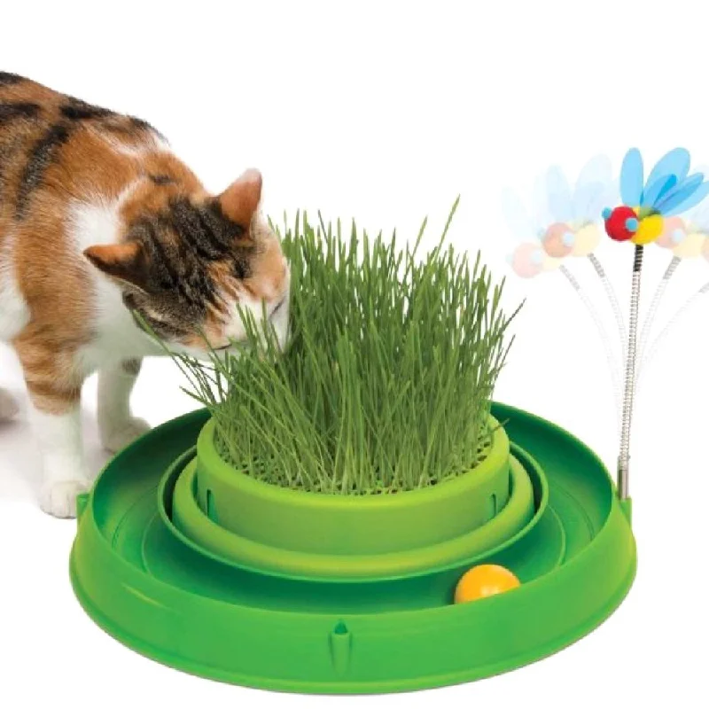 cat water fountain-Catit Play 3-in-1 Cat Circuit Ball Toy with Grass Planter Cat Toy (Green)