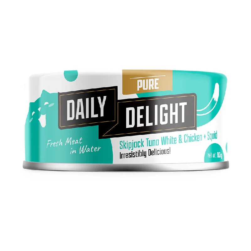 automatic dog water dispenser-Daily Delight Pure Skipjack Tuna White & Chicken with Squid Canned Cat Food 80g