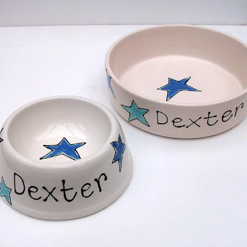 dog-friendly sunscreen-Personalised Dog Bowl Angled - Blue Stars