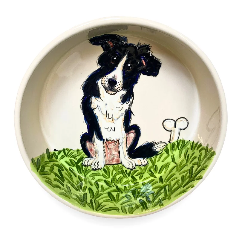 indoor dog potty solution-"Mischief in the Meadow" Hand-Painted Border Collie Bowl - "Countryside Canine" Collection