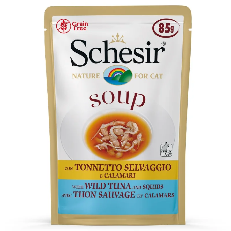 chew-proof dog toy-Schesir Soup With Wild Tuna & Squid Grain-Free Pouch Cat Food 85g x 12