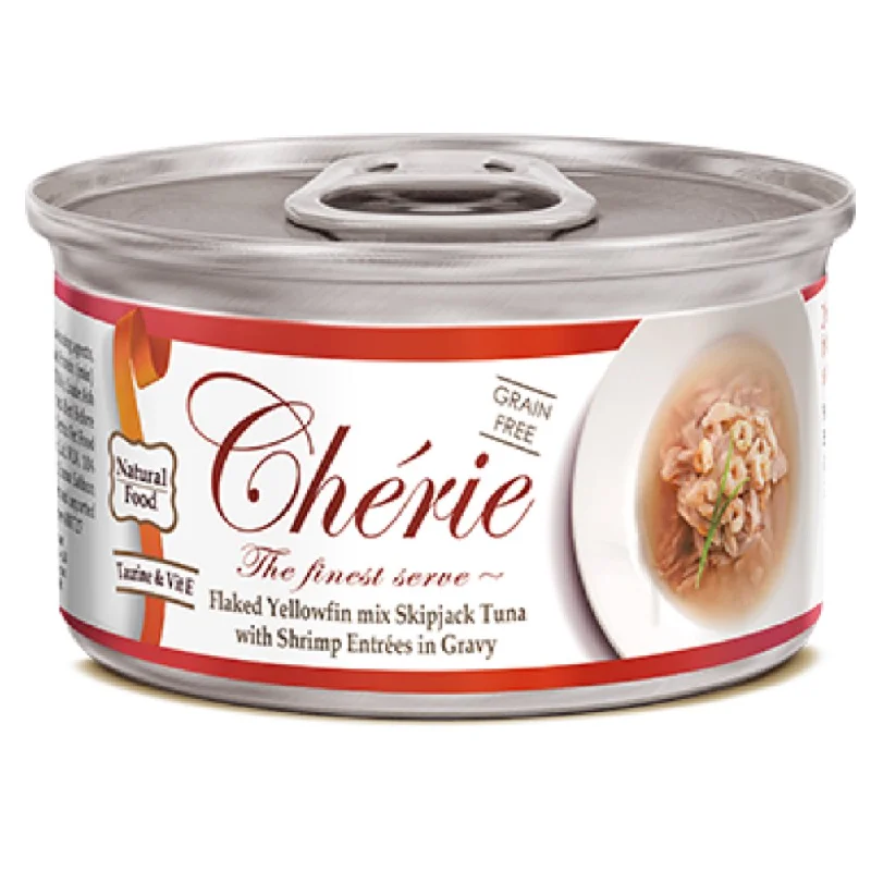 non-slip pet socks-Cherie Flaked Yellowfin Mix Skipjack Tuna With Shrimp Entrées In Gravy Canned Cat Food 80g