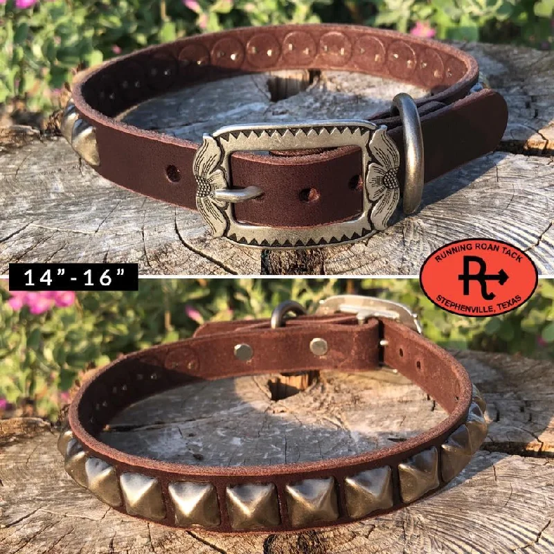 double dog leash-14"-16" Dog Collar 3/4" Wide Chocolate Leather with Antique Silver Buckle and Pyramid Dots