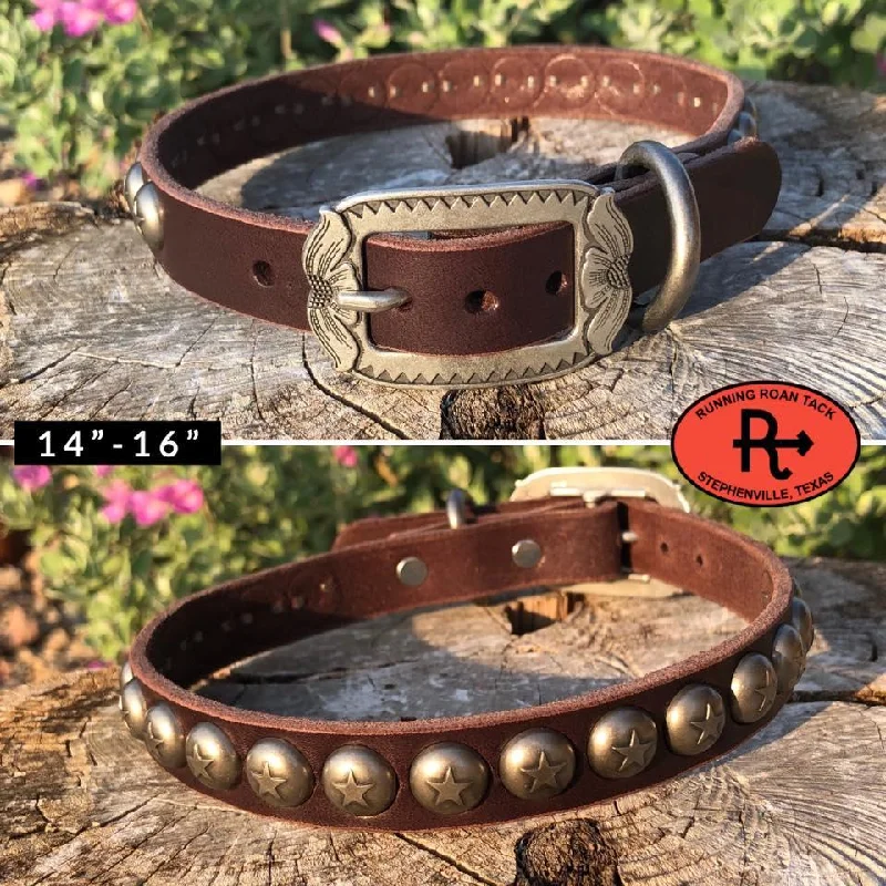 elevated dog feeding station-14"-16" Dog Collar 3/4" Wide Chocolate Leather with Antique Silver Buckle and Star Dots