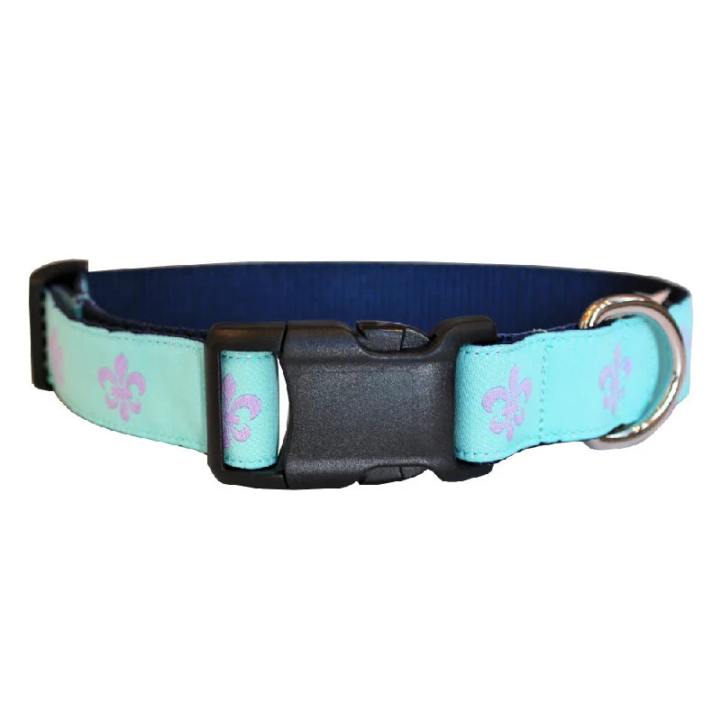 pet first aid kit-Aqua & Lavender Fleur de Lis Dog Collar