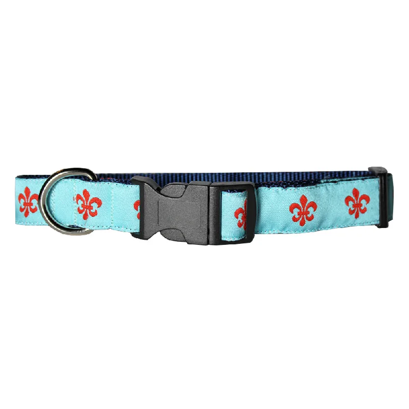 automatic dog water dispenser-Aqua & Red Fleur de Lis Dog Collar