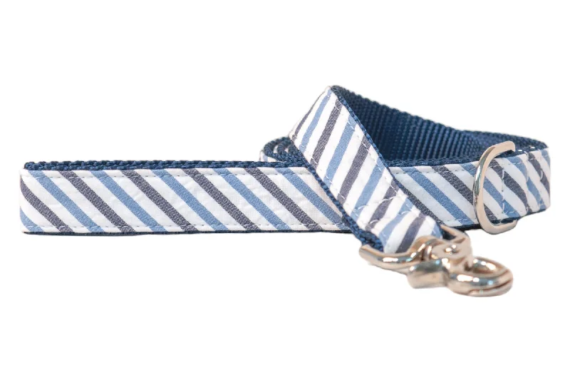 spill-proof pet travel bowl-Blue and Navy Seersucker Dog Leash