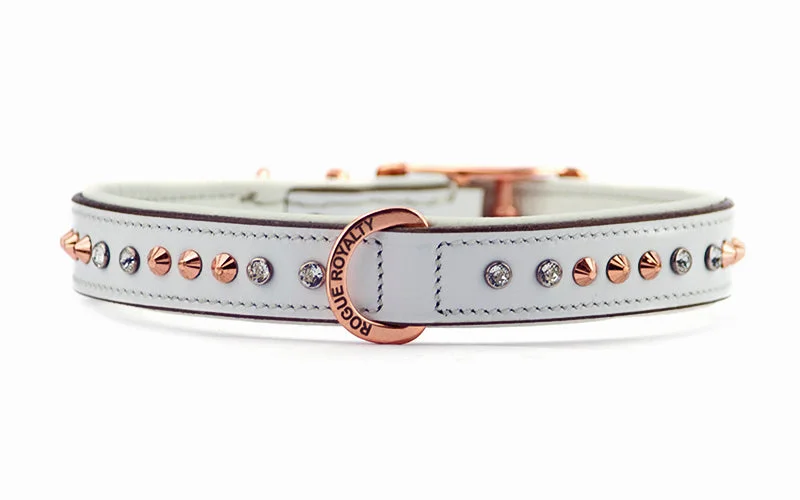 elevated dog feeding station-Hand Made Leather Dog Collar - White Crystal Rose Gold (Slimfit)