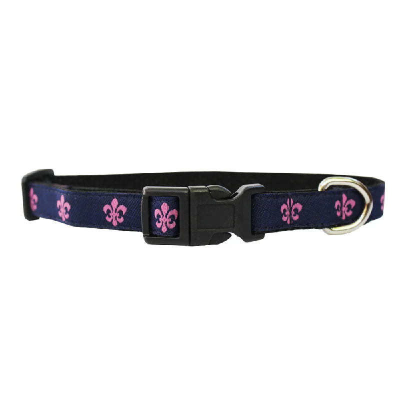 orthopedic cat bed-Navy & Pink Extra Small Fleur de Lis Dog Collar