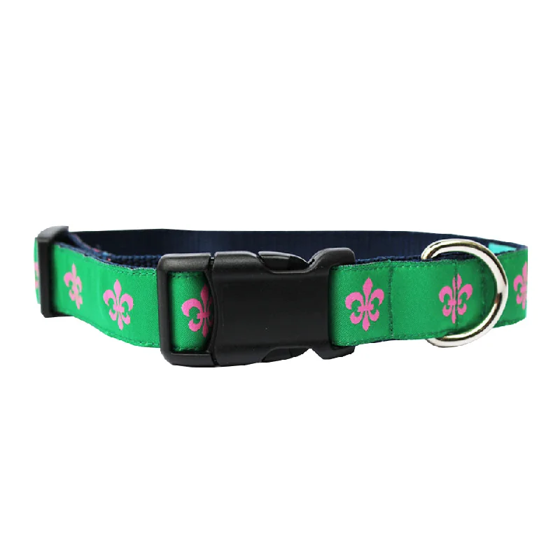 pet hair remover roller-Green & Pink Fleur de Lis Dog Collar