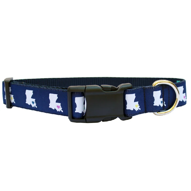 glow-in-the-dark dog collar-Midnight Navy Louisiana Heart Dog Collar