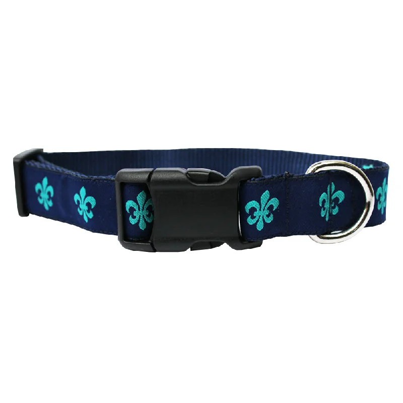 heated dog house-Navy & Teal Fleur de Lis Dog Collar