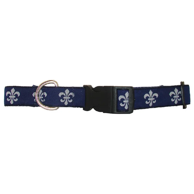 small breed dog carrier-Navy & White Fleur de Lis Dog Collar