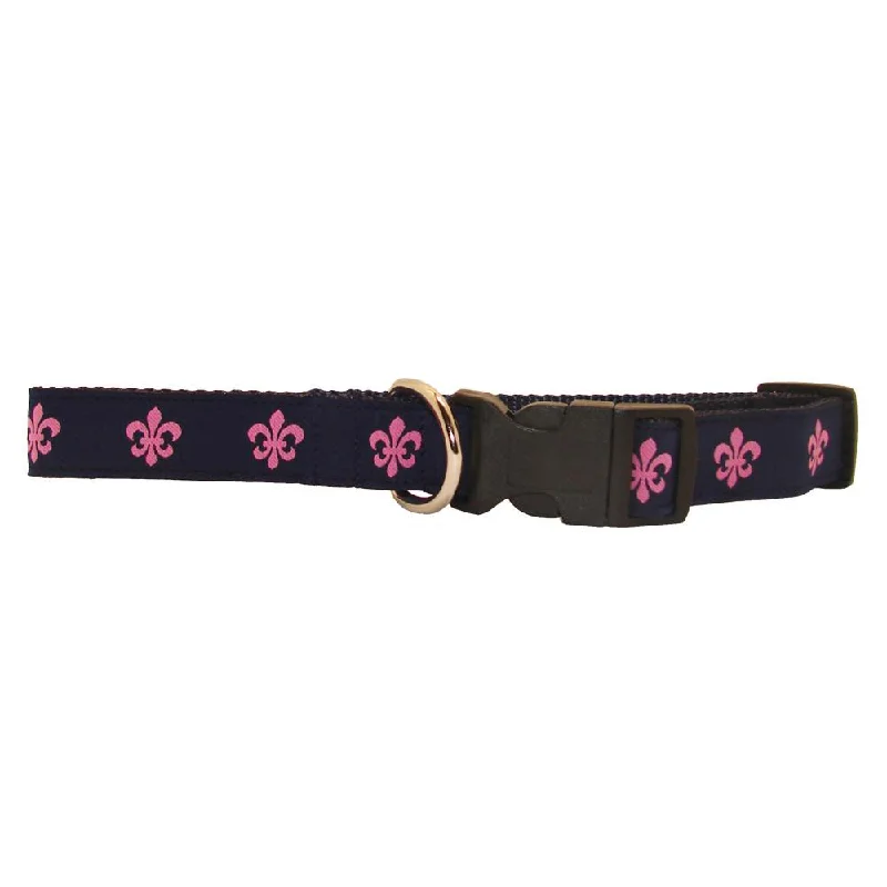 ferret hammock bed-Navy & Pink Fleur de Lis Dog Collar