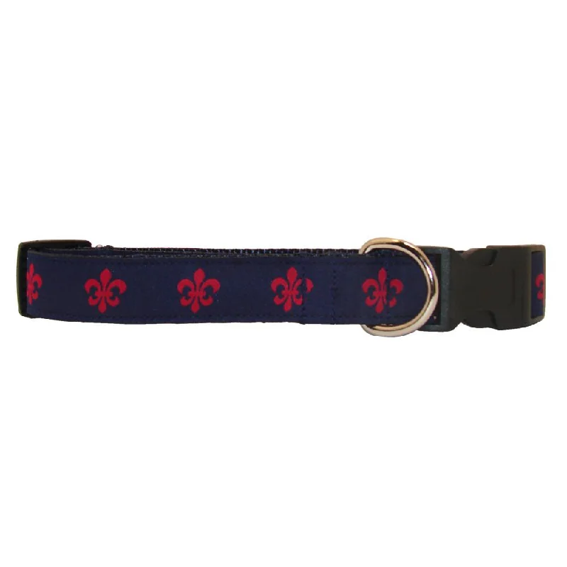 orthopedic cat bed-Navy & Red Fleur de Lis Dog Collar