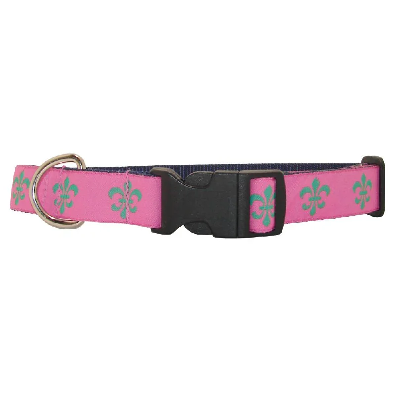 waterproof pet raincoat-Pink & Green Fleur de Lis Dog Collar