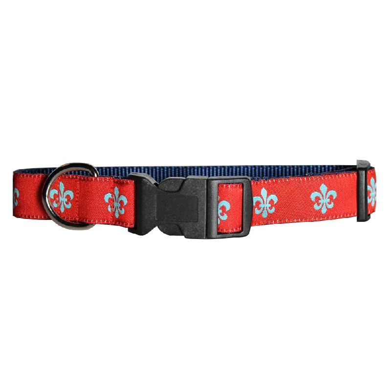 glow-in-the-dark dog collar-Red & Aqua Fleur de Lis Dog Collar