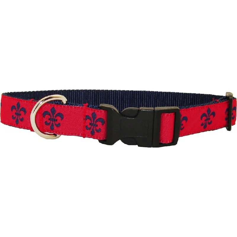 escape-proof cat harness-Red & Navy Fleur de Lis Dog Collar