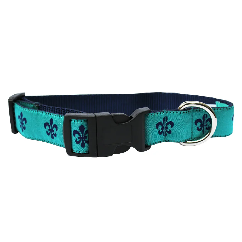 soft-sided pet travel crate-Teal & Navy Fleur de Lis Dog Collar