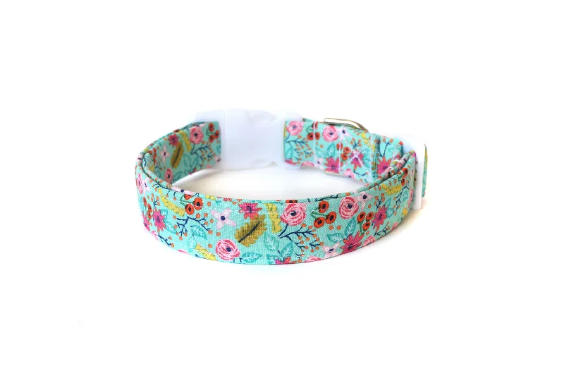 spill-proof dog bowl-Turquoise Multicolor Floral Dog Collar