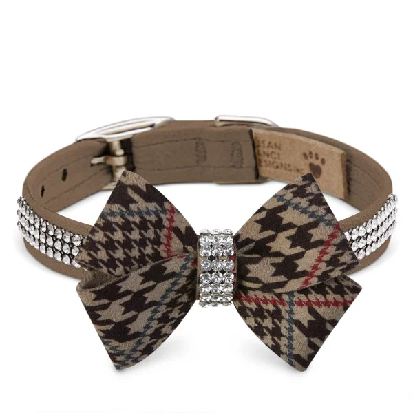 spill-proof rabbit water bottle-Chocolate Glen Houndstooth Nouveau Bow 3 Row Giltmore Collar