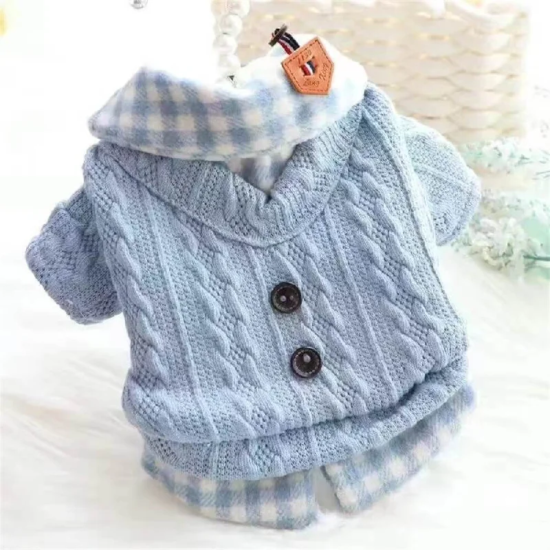 all-weather dog jacket-Cozy Knitted Dog Sweater with Plaid Collar – Available in Pink & Blue