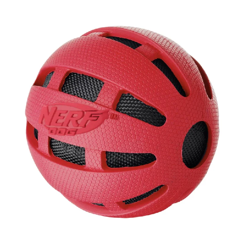 collapsible silicone dog bowl-Nerf Bash Checker Squeak Crunch Ball Toy for Dogs (Red)